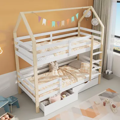 Image de MODFU Lit superposé 90x200 cm - Lit enfant avec rangement intégré et sommier inclus, Lit cabane en bois, Design Pratique, Blanc + Bois