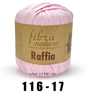 A ball of pink raffia yarn on a white background with a brown label.
