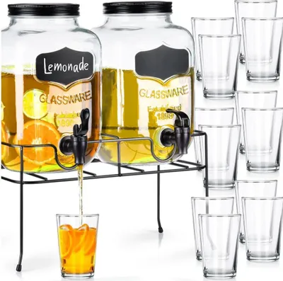 Produktbild von Vilde | Glas-Getränkespender mit Zapfhahn - 2 Stück - mit 2 Gläsern- Glaskanne mit Zapfhahn und Ständer - Getränkespender - 4 l