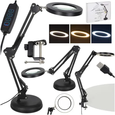 Obrázek produktu pro LED stolní lampa s 3násobnou lupou, svorkou nebo podstavcem, USB