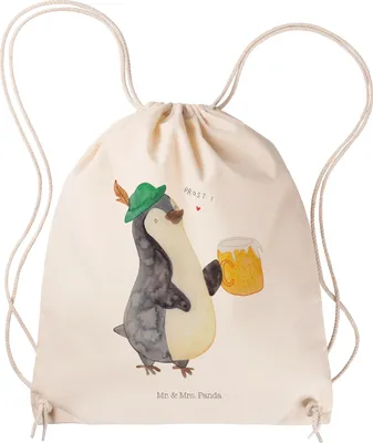 Produktbild von Mr. & Mrs. Panda Jutebeutel Pinguin Bier - Transparent - Geschenk, beutelrucksack, Turnbeutel, leichter rucksack, wander, Pinguine, Beschwippst, , Sportbeutel