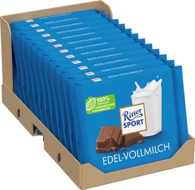 A display box filled with multiple bars of Ritter Sport Edel-Vollmilch chocolate.