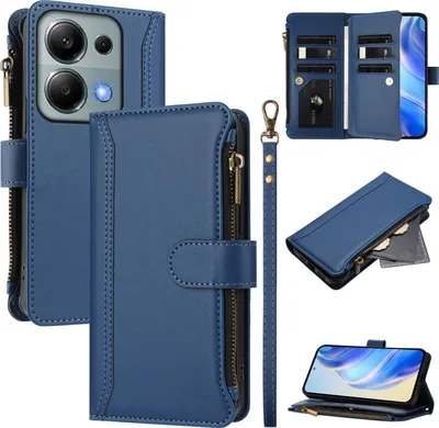 Obrázek produktu pro Pouzdro pro Xiaomi Redmi Note 13 Pro 4G/Poco M6 Pro 4G, zipem, peněženkovéPolyuretankožené flip pouzdro s kapsami na karty, stojánkem a poutkem na ruku modrý
