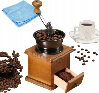Obrázek produktu pro Retro dřevěný ruční mlýnek na kávu, pepř a sůl s utěrkou z mikrovlákna