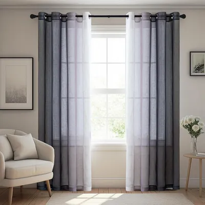 Productafbeelding van Zwarte korte gordijnen - 2 stuks - Doorschijnend - Linnenlook voor woonkamer keuken - Donker kleurverloop