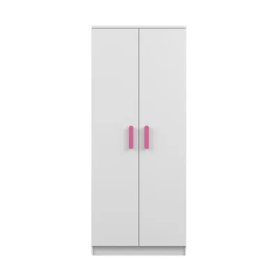 Produktbild von Drehtürenschrank JONAS 06 – Kinderkleiderschrank 80 cm Weiß/Weiß mit rosa Griffe