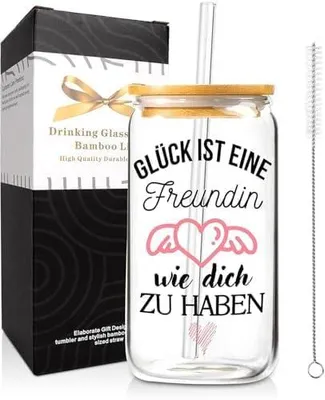Produktbild von Trinkbecher aus Borosilikatglas - Mit Deckel und Strohhalm - Für Eiskaffee, Kaffee und Tee - 500 ml
