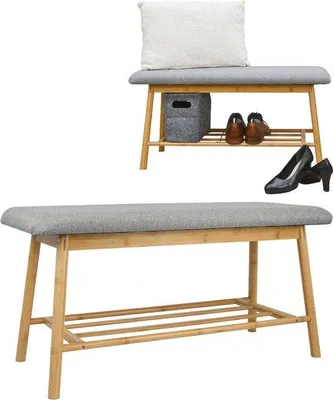 Productafbeelding van Scandinavische houten bank met schoenenrek - 90x34x44 cm - Bamboe entreebank