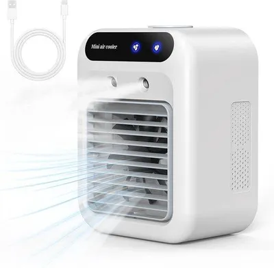 Obrázek produktu pro Přenosný chladič, tichý ruční chladič, vzduchový chladič s objemem 500 ml, ventilátor, 2 rychlosti, 2 stupně rozprašování, mini chladič do pokoje a kanceláře [energetická třída A+++], kov, bílá barva, kompaktní