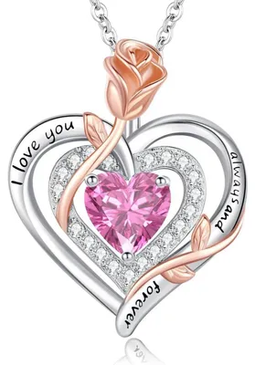 Productafbeelding van Halsketting dames, dubbel hart, roos, bloem, 925 sterling zilver, geboortesteen, sieraden, cadeau