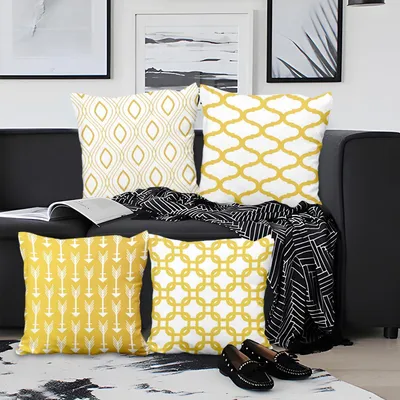 Produktbild von 4 Kissenbezüge 55x55 cm Polyester Gelb Weiß mit Geometrischen Pfeil-Linien