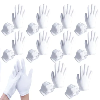 Produktbild von 10 Paar weiße Baumwollhandschuhe, waschbar, dehnbar, multifunktional, pflegeleicht, bequem und atmungsaktiv, für Hautpflege und Schmuckprüfung – 18,5 cm