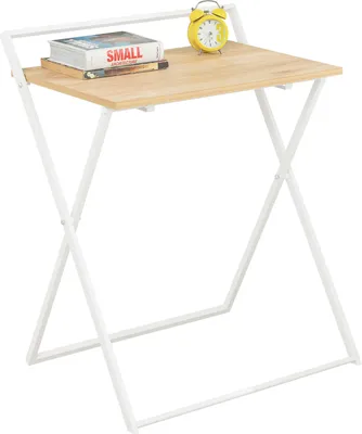 A folding desk with books and an alarm clock on top, isolated on a white background.