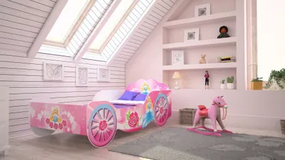 Produktbild von Kinderbett Kutsche Mädchenbett 70x140 cm mit Matratze, Rausfallschutz | Prinzessin Kinder Spielbett 140x70 cm Spielbett Jugendbett Einzelbett Mädchen