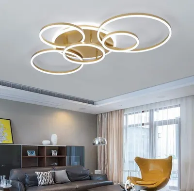 Produktbild von Dimmbare LED-Deckenleuchte mit Fernbedienung, Deckenlampe, Kronleuchter mit Timer und Nachtlichtfunktion, 6 goldene Ring-Deckenleuchte, 3000 K-6000 K für Wohnzimmer, Kinderzimmer, Schlafzimmer, Küche