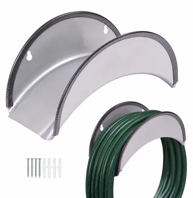 Produktbild von Relaxdays Schlauchhalter, 2er Set, bis 38 m Gartenschlauch, Kantenschutz, Wandmontage, Gartenschlauchhalterung, silber