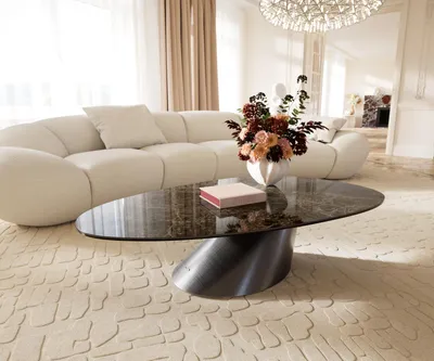 Produktbild von DELIFE Couchtisch Edge Oval 140x75 cm Keramik Emperador Extra Lucidato Dunkelbraun Conis Metallic Silber