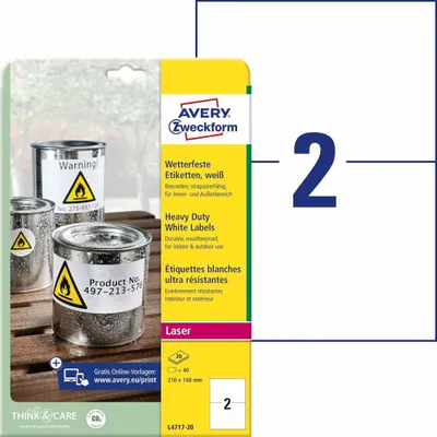 Obrázek produktu pro Avery L4717-20, Bílá, Zaoblený obdélník, Permanentní, Polyester, 2 kusů, 20 listy