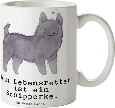 Produktbild von Mr. & Mrs. Panda Tasse Schipperke Lebensretter - Weiß - Geschenk, Teetasse, kaffeebecher bedruckt, cappuccinotasse, Pott, Belgische Hunderasse, Becher