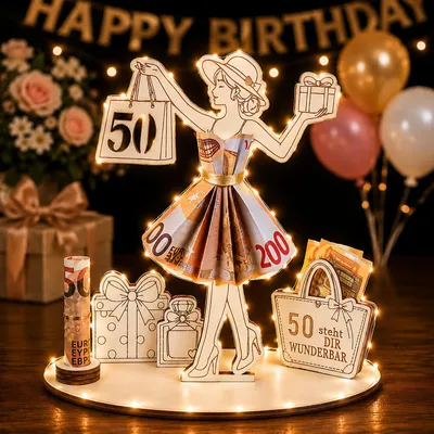 Geldgeschenk 50. Geburtstag Frau, LED-Dekoration aus Holz