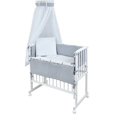 Produktbild von Baby-Delux Beistellbett Stillbett Babybett 90x40 weiß inkl. Matratze Bettwäsche Set komplett Waffelpique Sternchen Grau
