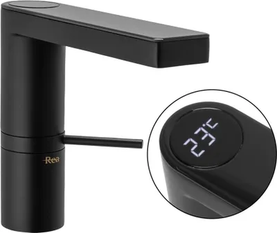 A black faucet with a digital temperature display.