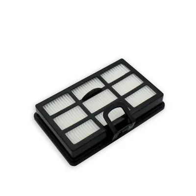 A rectangular vacuum cleaner filter with a black frame and white pleated filter material, shown at an angle.