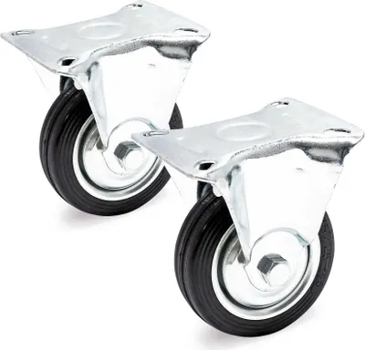 Obrázok produktu pre Sada pevných koliesok Wiltec 2x transportné kolieska Ø75 mm s pevným gumovým kolesom, kovovým ráfikom a montážnou doskou do 50 kg na koleso, prístrojové kolieska, nábytkové kolieska s tichým chodom
