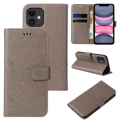 Collage of images showing a flip phone case for an iPhone 11, with floral and butterfly designs.