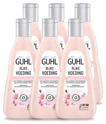 Imagen del producto de 6 botellas de champú nutritivo Guhl para cabello seco, 250 ml cada una. Paquete económico de 6 unidades