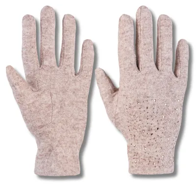 Productafbeelding van Dames winterhandschoenen, beige – warme handschoenen – elegante handschoenen – gebreide handschoenen met steentjes – wollen dameshandschoenen