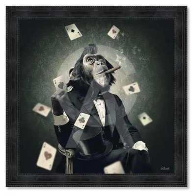 Image de Cadre en bois avec impression en PVC vernis "Singe Poker" - Noir - 80 x 80 cm - Collection Binet