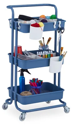Image de Chariot à 3 étagères, chariot multifonctionnel, idéal pour les loisirs, le bureau, la salle de bains et la cuisine, dimensions H x L x P : 86 x 43 x 42 cm, métal et plastique, bleu
