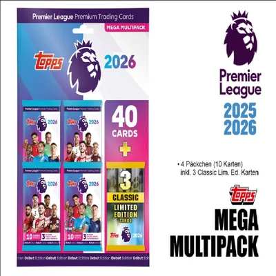 A product image showing a Mega Multipack of Topps Premier League trading cards for the 2025/2026 season.