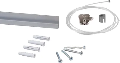 Image de STAS rail pour tableaux - systèmes d'accrochage pour tableaux / cadres photo / posters - rail pour galeries - J-rail + crochet cylindrique + câble perlon avec patin 150 cm + crochet pour tableaux Zipper - 100cm - Argent