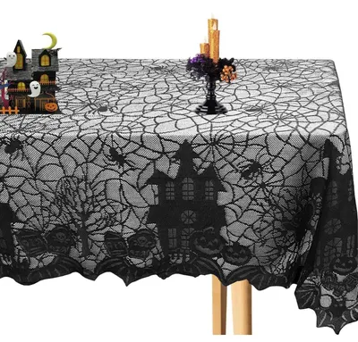 Productafbeelding van Halloween tafelkleed, spinnenweb, spookkasteel, zwart, 135 x 175 cm, kant, polyester