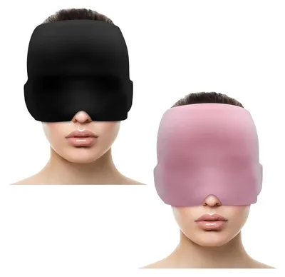 Produktbild von Set mit 2 Migränemasken mit Gelkühlung für 360°-Schmerztherapie mit Wärme- und Kälteanwendung. Wiederverwendbare Kühlmaske mit U-förmigem Nasendesign und dicker Gelschicht. Entspannung und Linderung von Kopfschmerzen und müden Augen.