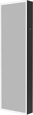 A product image of a black LED mirror cabinet with a white frame and a gray mirrored surface.