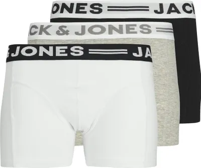 Produktbild von JACK&JONES Jungen Boxershorts, 3er Pack - SENSE TRUNKS, Baumwoll-Stretch, Logobund Schwarz/Weiß/Grau 152