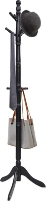 Produktbild von Stehgarderobe mit 9 Haken aus Holz, stabiler Eingangsgarderobe mit dreibeinigen Standfuss, Gummiholz, hoehenverstellbar, für Flur, Schlafzimmer (schwarz)
