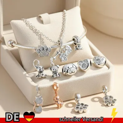 Produktbild von 925 Sterling Silber Charms Liebe Haustiere Hund Katze Pfotenabdruck Anhänger