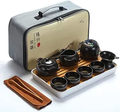 Produktbild von PromoHome® Tragbares Teeservice-Set – Keramik-Teekanne mit Bambus-Tablett und Reisetasche, 9-teilig, Schwarz