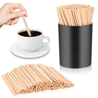 Productafbeelding van Houten roerstaafjes voor koffie - 200 stuks met houder - 14 cm - geschikt voor koffie, thee en cocktails