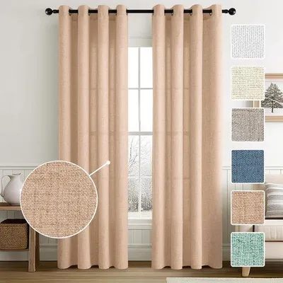Zdjęcie produktu dla Ibenzoa® Zasłony półprzezroczyste, imitujące len, z przelotkami, kolor beżowo-różowy, zestaw 2 sztuk, wymiary 245 x 140 cm na panel