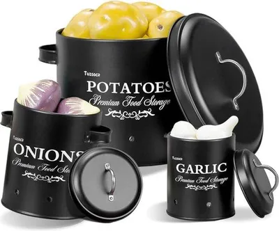 Produktbild von Famanu Aufbewahrungsboxen Set von 3 - mit 360° Luftzirkulation für frisches Gemüse - ideal für Zwiebel- und Knoblauchlagerung (schwarz)