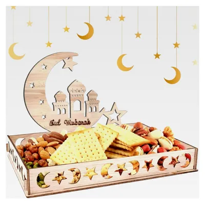 Produktbild von Ramadan Teller Eid Mubarak Deko Tablett mit Mond, Stern und Schloss Muster