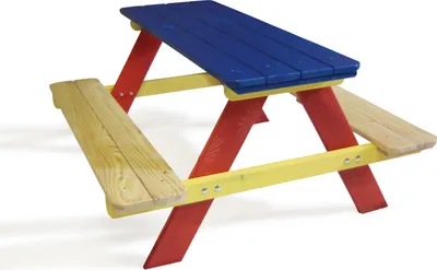 A colorful wooden picnic table for children, shown from a diagonal angle against a white background.