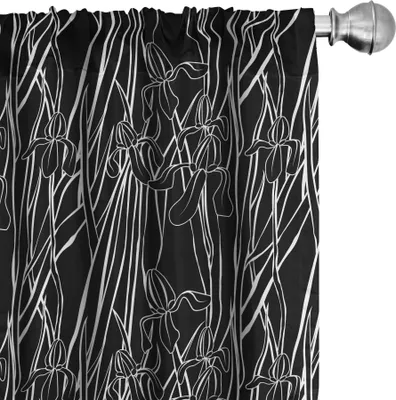 Image de ABAKUHAUS Rideaux noirs et blancs, voilages, illustration stylisée d'iris et de fleurs dans un style monochrome, 2 pièces 75 x 225 cm, noir et blanc