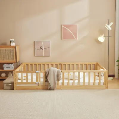 Immagine prodotto di Lettino FCH con protezione anticaduta e rete a doghe, 90x190 cm, lettino a terra in stile Montessori con uscita laterale, letto singolo per camera dei ragazzi, finitura naturale