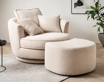 Produktbild von Drehsessel "Comfy" wollweiß Web-Velours XL Sessel drehbar inkl. Kissen und Hocker